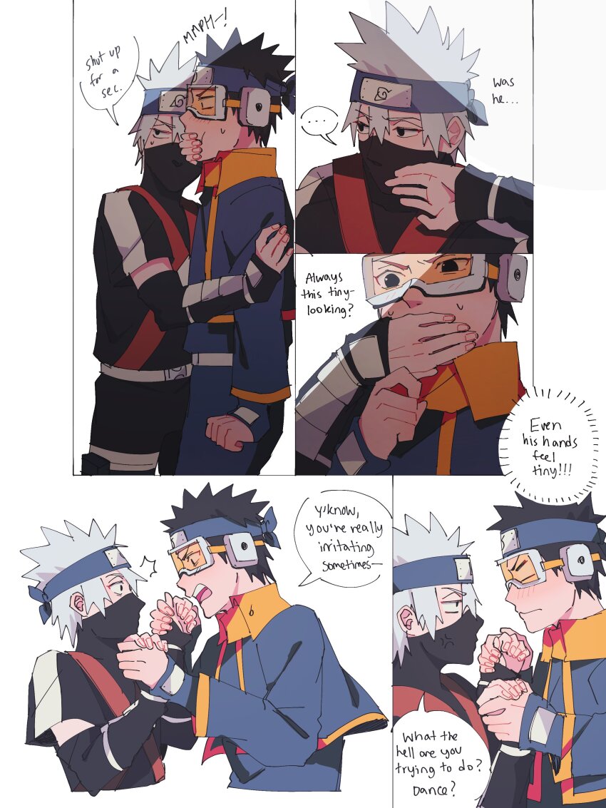 ... 2boys absurdres black_hair blue_jacket blush closed_mouth commentary covering_another&#039;s_mouth english_commentary english_text forehead_protector goggles grey_hair hand_over_another&#039;s_mouth hatake_kakashi height_difference highres holding_hands jacket long_sleeves looking_at_another male_focus mask mouth_mask multiple_boys naruto_(series) naruto_shippuuden pants seirorath short_hair short_sleeves speech_bubble spiked_hair spoken_ellipsis sweatdrop talking teeth thought_bubble uchiha_obito v-shaped_eyebrows