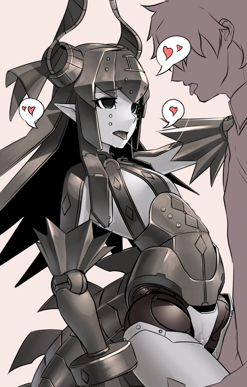 1boy 1girl after_kiss android colored_skin dragon_horns dragon_tail elizabeth_bathory_(fate) fate/grand_order fate_(series) flat_chest grey_hair grey_skin hand_on_another&#039;s_shoulder heart highres hikichi_sakuya horns implied_sex joints looking_at_another mecha_eli-chan_mk.ii_(fate) pointy_ears robot robot_joints saliva saliva_trail spoken_heart straddling tail tongue tongue_out upright_straddle wet