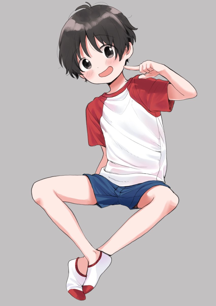 1boy :d ankle_socks black_hair blue_shorts blush child finger_to_cheek grey_background highres looking_at_viewer male_focus multicolored_socks open_mouth original piko_(pixiv) red_socks shirt short_hair shorts simple_background sitting smile socks solo white_socks