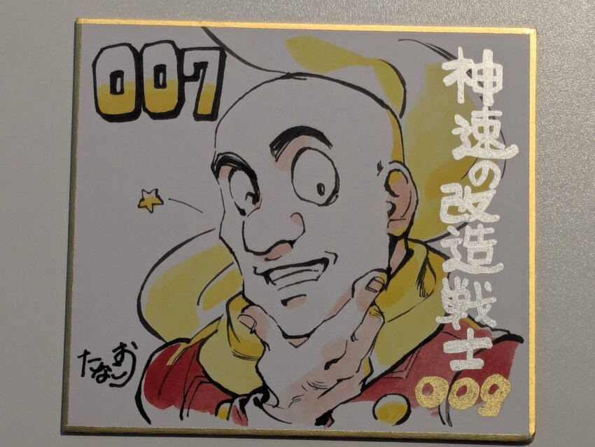 bald big_nose black_eyes buttons coat cyborg cyborg_009 dynamic_pose great_britain_(cyborg_009) hand_on_own_chin highres male_focus military_uniform red_coat scarf shirt smile soldier tanaotanako teeth upper_body white_shirt wink_star yellow_scarf