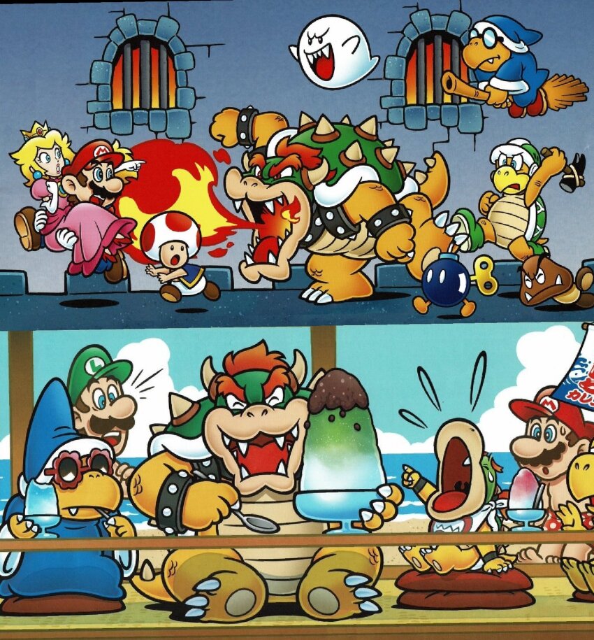 1girl 6+boys angry blonde_hair blue_eyes bob-omb boo_(mario) bowser bowser_jr. broom brown_hair carrying crying dress eating facial_hair fire flying food gloves goomba grin hammer hammer_bro hammer_bro hat highres horns ice_cream kamek koopa_troopa long_hair luigi mario mario_(series) multiple_boys mustache new_super_mario_bros. nintendo official_art open_mouth overalls pink_dress princess_carry princess_peach red_hair running smile spikes spoon sunglasses super_mario_bros._1 super_mario_bros._3 tail third-party_edit third-party_source toad_(mario) wand