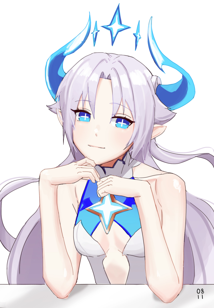 +_+ 1girl absurdres bare_shoulders blue_horns breasts closed_mouth demon_girl demon_horns elsword hair_intakes highres horns ishtar_(elsword) long_hair luciela_r._sourcream pointy_ears ppower_(lu_power) purple_hair simple_background small_breasts smile very_long_hair white_background