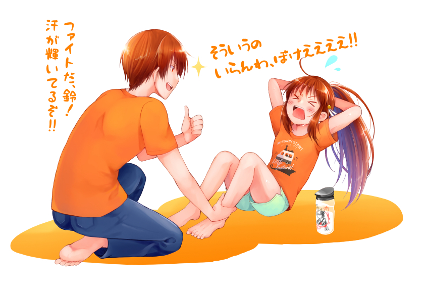 &gt;_&lt; 1boy 1girl 2021 ahoge aqua_shorts arms_behind_head barefoot bell blush brother_and_sister brown_hair clothes_writing commentary_request dated_commentary denim dolphin_shorts exercising facing_another fang flying_sweatdrops full_body hair_bell hair_ornament hand_up highres jeans jingle_bell kneeling knees_up little_busters! long_hair looking_at_another natsume_kyousuke natsume_rin open_mouth orange_shirt pants ponytail profile rakka rectangular_mouth shirt short_hair short_sleeves shorts siblings sidelocks simple_background sit-up sitting smile sparkle sweat t-shirt teeth thumbs_up toes translated upper_teeth_only v-shaped_eyebrows white_background
