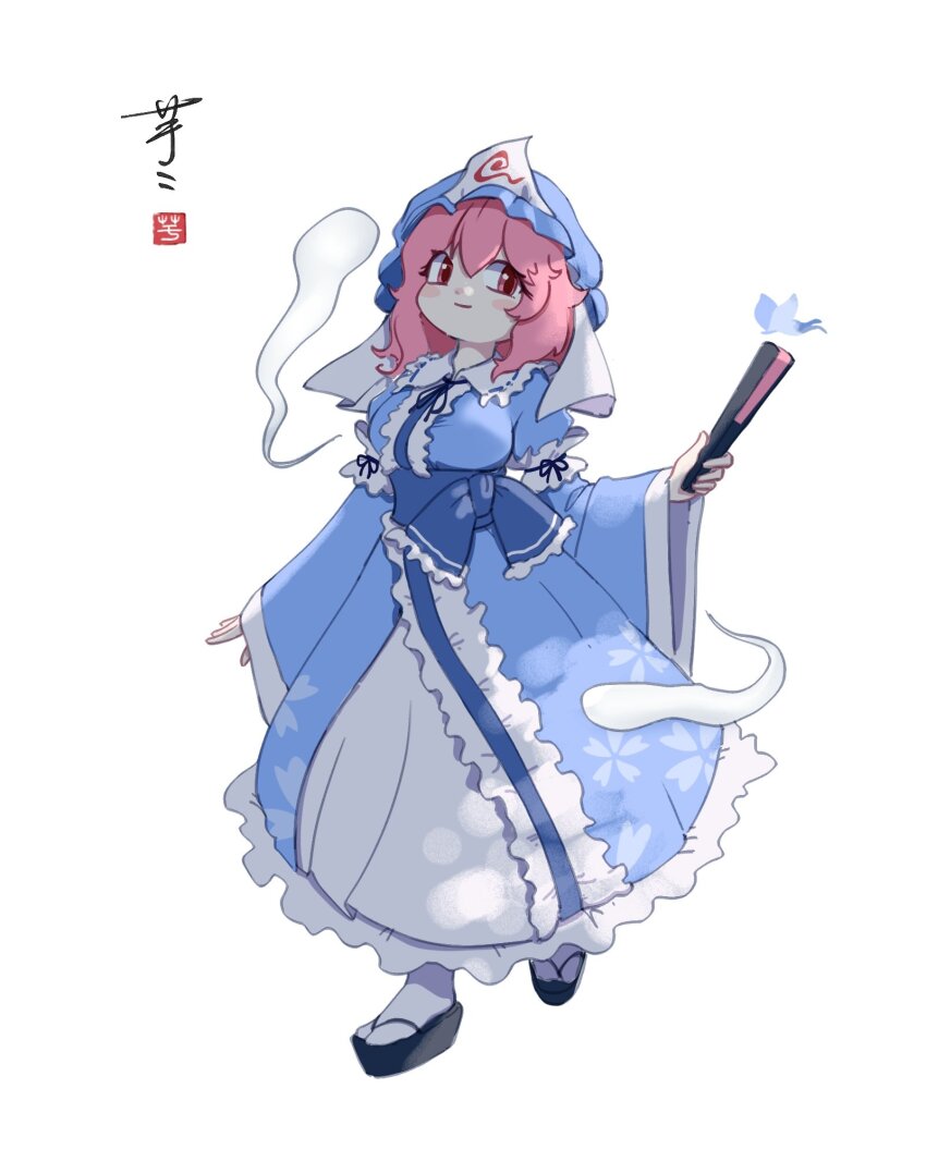 1girl ay606078 blue_hat blue_kimono blush breasts closed_mouth commentary folded_fan folding_fan frilled_kimono frills full_body hand_fan hat highres hitodama holding holding_fan japanese_clothes kimono long_sleeves looking_at_viewer medium_hair mob_cap neck_ribbon pink_eyes pink_hair platform_sandals ribbon saigyouji_yuyuko sandals signature simple_background sleeve_garter smile socks solo tabi touhou triangular_headpiece white_background white_socks wide_sleeves