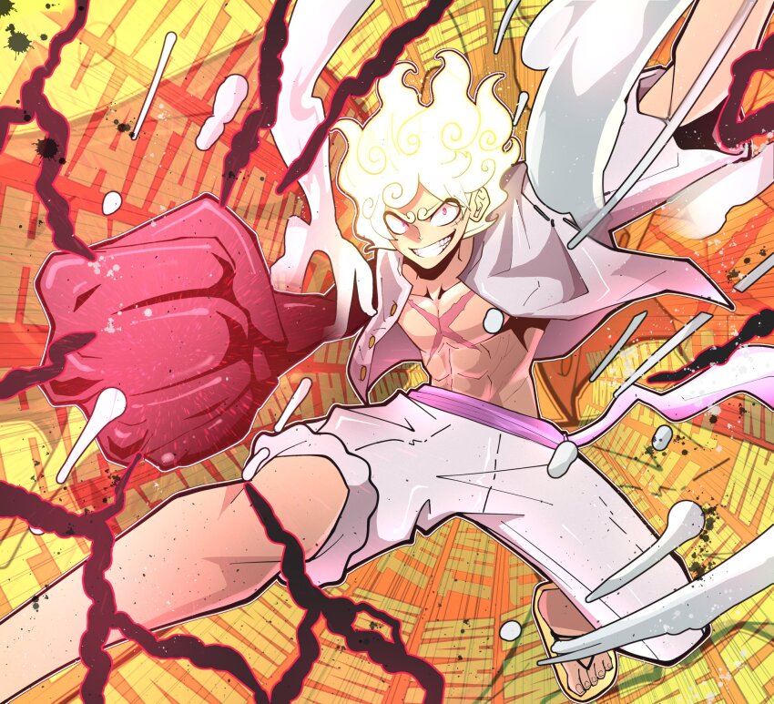 1boy abs artist_name clenched_hand collarbone gear_fifth hagoromo haki_(one_piece) highres incoming_attack male_focus muscular muscular_male one_piece open_clothes open_shirt pants purple_eyes purple_sash sandals sash scar scar_on_chest scar_on_face shawl shirt shorts smile solo text_background thatamaan white_hair white_pants white_shirt white_shorts