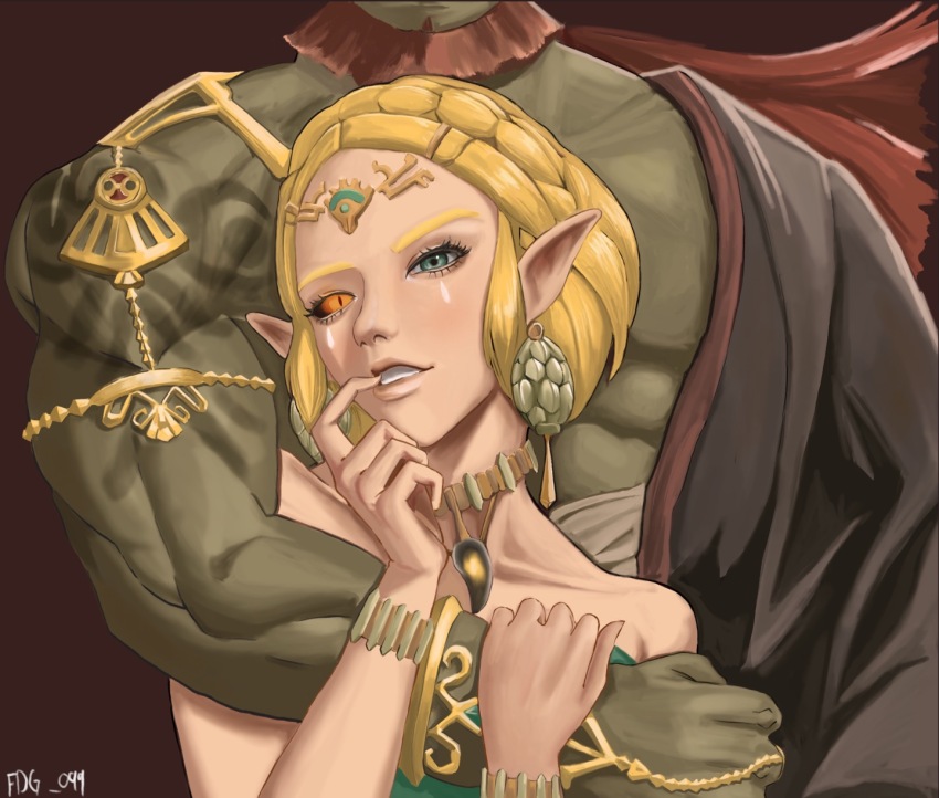 1boy 1girl armlet artist_name bare_shoulders beard blonde_hair bracelet braid circlet colored_sclera colored_skin corruption crown_braid earrings evil_smile facial_hair fidget4827 floating_earrings ganondorf gerudo green_eyes green_skin heterochromia highres hug hug_from_behind jewelry long_hair looking_at_viewer muscular muscular_male nintendo official_alternate_costume orange_sclera parted_lips pointy_ears princess_zelda red_hair single_arm_hug single_bare_shoulder slit_pupils smile teardrop_facial_mark the_legend_of_zelda the_legend_of_zelda:_tears_of_the_kingdom