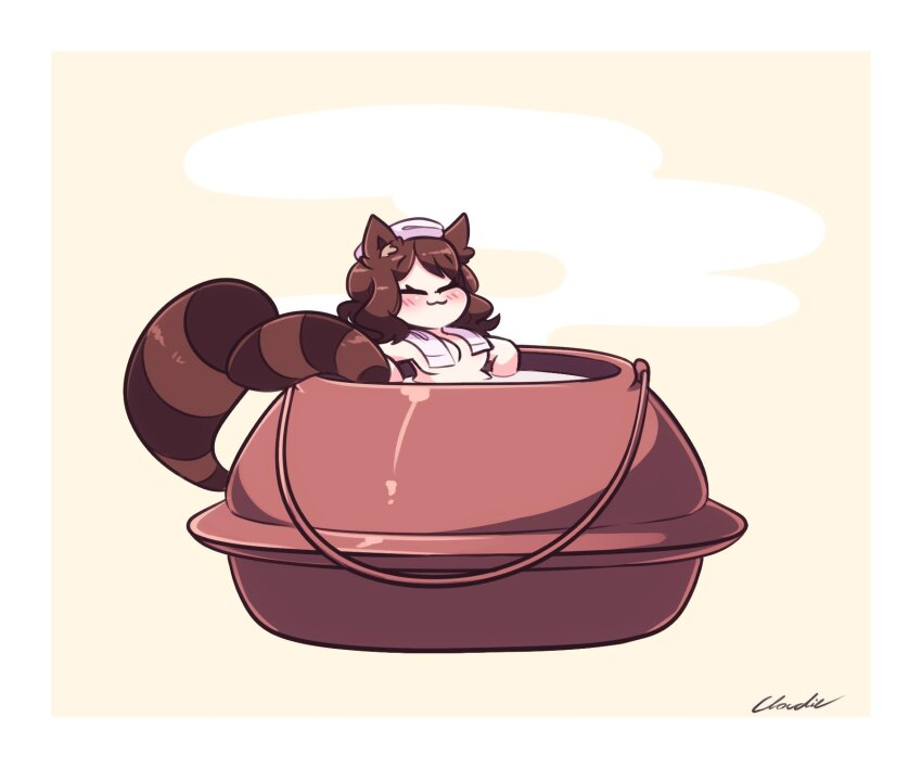 1girl animal_ears antinomy_of_common_flowers bathing blush breasts brown_hair closed_eyes futatsuiwa_mamizou highres leaning_back littlecloudie naked_towel nude raccoon_ears raccoon_girl raccoon_tail simple_background smile steam tail tanuki teapot touhou towel towel_around_neck towel_on_head