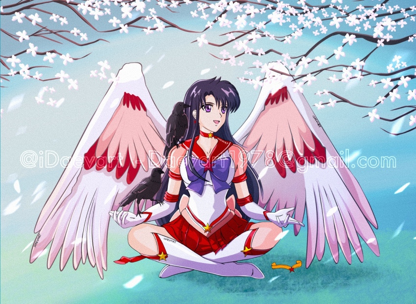 1girl angel_wings animal animal_on_arm animal_on_shoulder bird bird_on_arm bird_on_shoulder bishoujo_senshi_sailor_moon black_bird black_hair boots crossed_legs crow gloves happy hino_rei indian_style knee_boots kneecap kneecaps leggings legs long_hair long_legs magical_girl meditation on_floor on_ground open_mouth purple_eyes purple_hair red_skirt resting sailor_mars sitting skirt smile super_sailor_mars_(stars) very_long_hair white_footwear white_gloves wings yellow_star