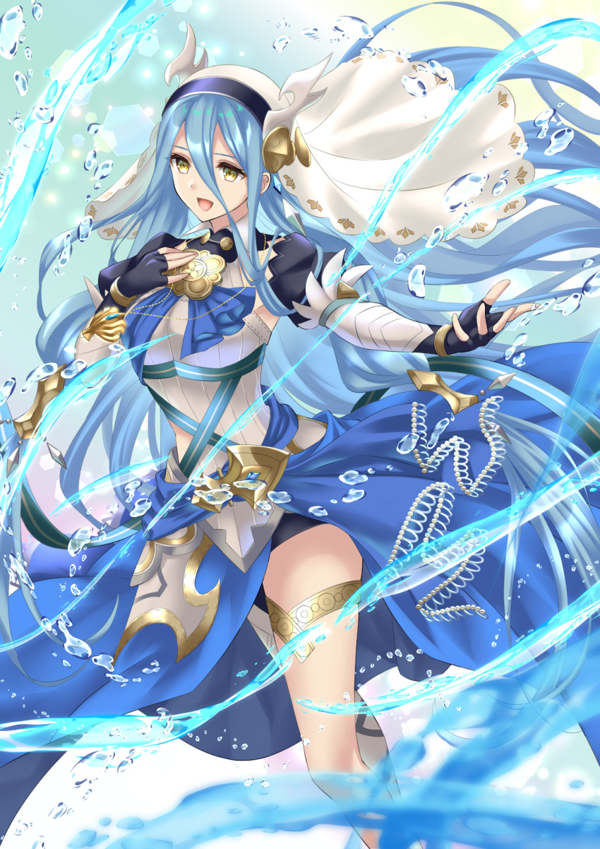 1girl armor armored_dress azura_(fire_emblem) azura_(song&#039;s_reflection)_(fire_emblem) black_gloves blue_hair commentary_request dress fingerless_gloves fire_emblem fire_emblem_fates fire_emblem_heroes floating_hair gloves hair_between_eyes hand_on_own_chest highres hydrokinesis jewelry kakiko210 long_hair long_sleeves necklace nintendo official_alternate_costume open_mouth smile solo veil very_long_hair water yellow_eyes
