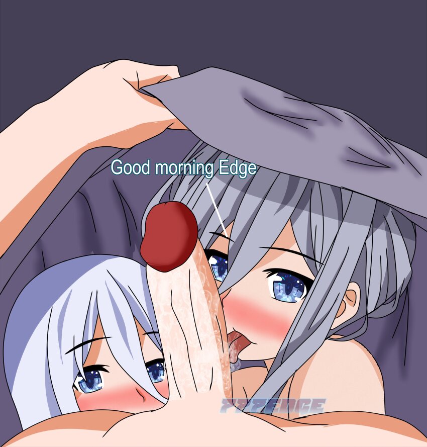 1boy 2girls absurdres blue_eyes date_a_live fellatio highres licking licking_penis multiple_girls murasame_reine oral penis sevenedge_(777edge) takamiya_mio white_hair