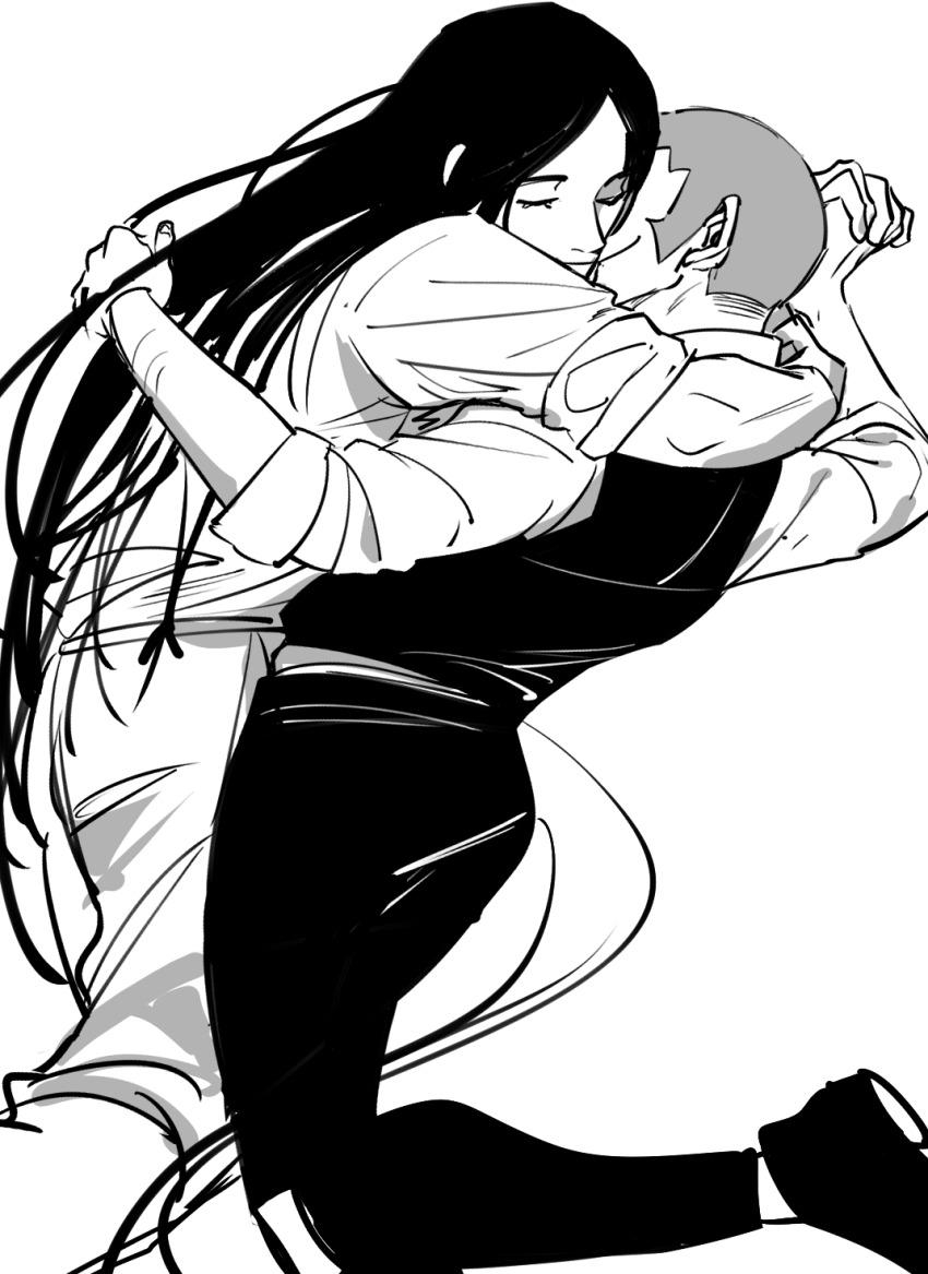 2boys 6cheetah arm_around_neck arms_up black_footwear black_hair black_pants black_vest closed_eyes closed_mouth commentary feet_out_of_frame golden_kamuy grey_hair greyscale highres holding_hands hug interlocked_fingers korean_commentary long_hair male_focus monochrome multiple_boys oosawa_fusatarou pants shiraishi_yoshitake shirt shoes short_hair simple_background sleeves_rolled_up smile very_short_hair vest white_background white_pants white_shirt yaoi