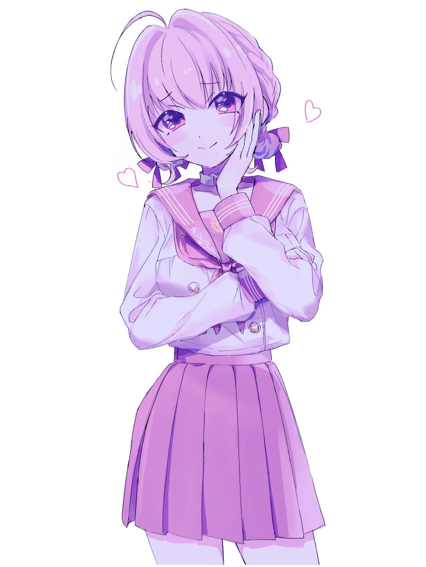 1girl absurdres ahoge braid breasts closed_mouth commentary cowboy_shot hair_ribbon hand_on_own_cheek hand_on_own_face hand_up heart high-waist_skirt highres idolmaster idolmaster_cinderella_girls idolmaster_cinderella_girls_starlight_stage kanipoposu large_breasts light_smile long_sleeves looking_at_viewer neckerchief official_alternate_costume pink_eyes pink_hair pink_sailor_collar pink_skirt pleated_skirt ribbon sailor_collar shirt skirt solo thighs yumemi_riamu