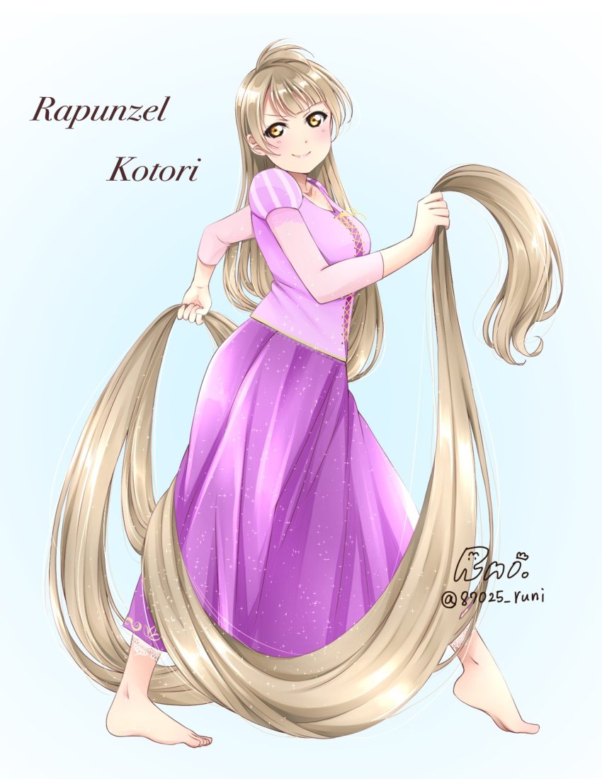 1girl absurdly_long_hair barefoot blue_background character_name cosplay full_body furrowed_brow highres holding holding_own_hair long_hair love_live! love_live!_school_idol_project minami_kotori rapunzel_(disney) rapunzel_(disney)_(cosplay) runi_(87025) signature tangled twitter_username very_long_hair