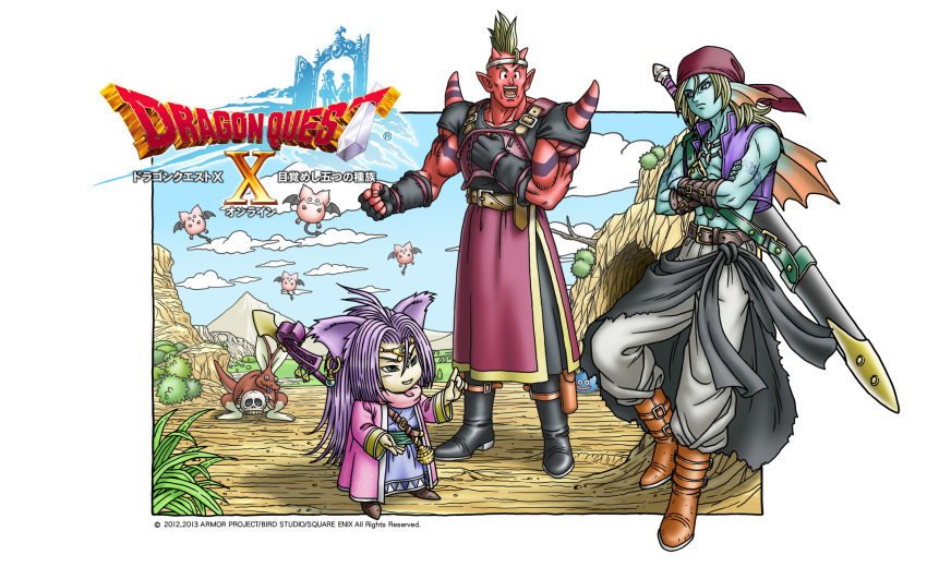 3boys 6+others abs androgynous animal_ears artist_request back_fin belt black_boots black_eyes black_gloves black_shirt blonde_hair blue_eyes blue_skin boots border brown_belt brown_boots circlet colored_skin copyright_logo copyright_name creature_request crossed_arms day dragon_quest dragon_quest_x earrings fingerless_gloves fins fish_boy foster_(dq10) full_body gloves gold_circlet head_fins highres holding holding_skull horns hyuuza_(dq10) jewelry long_hair looking_at_another male_focus teeny_sanguini multiple_boys multiple_others muscular muscular_male official_art official_wallpaper open_mouth outdoors pointy_ears purple_eyes purple_hair purple_vest red_skin robe scabbard sheath shirt shoulder_spikes skull slime_(dragon_quest) smile sphere_earrings spikes sword sword_on_back third-party_source vest weapon weapon_on_back white_border yellow_skin zubo_(dq9)