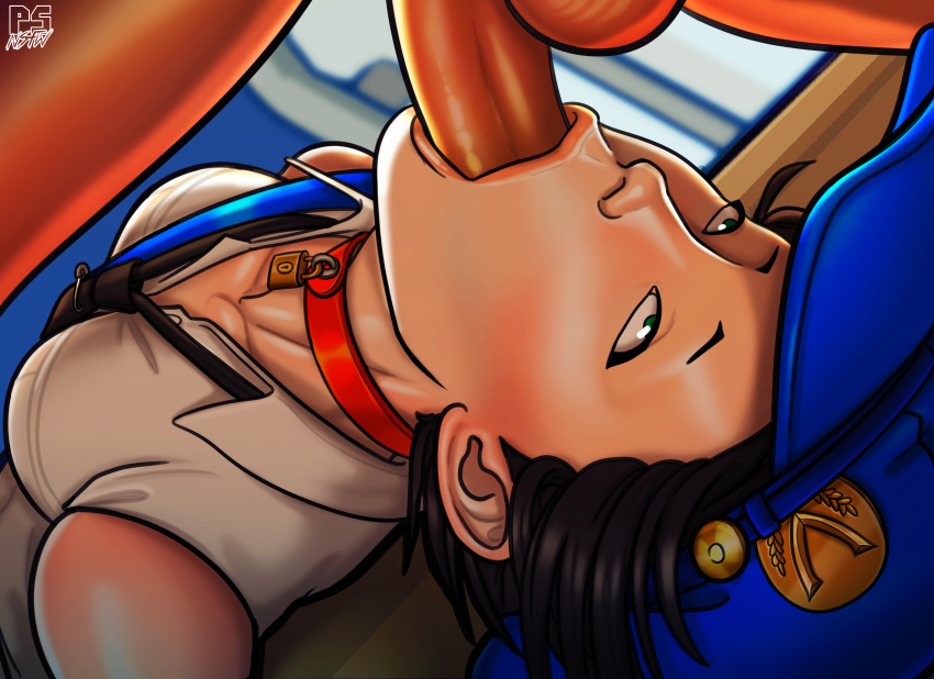 1boy 1girl absurdres atlus black_hair black_neckwear breasts close-up collared_shirt fellatio green_eyes hat hetero highres lips lock marie_(persona_4) necktie oral penis persona persona_4 persona_4_the_golden ponpu_(pumpkinsinclair) shirt short_hair sleeveless sleeveless_shirt small_breasts testicles uncensored