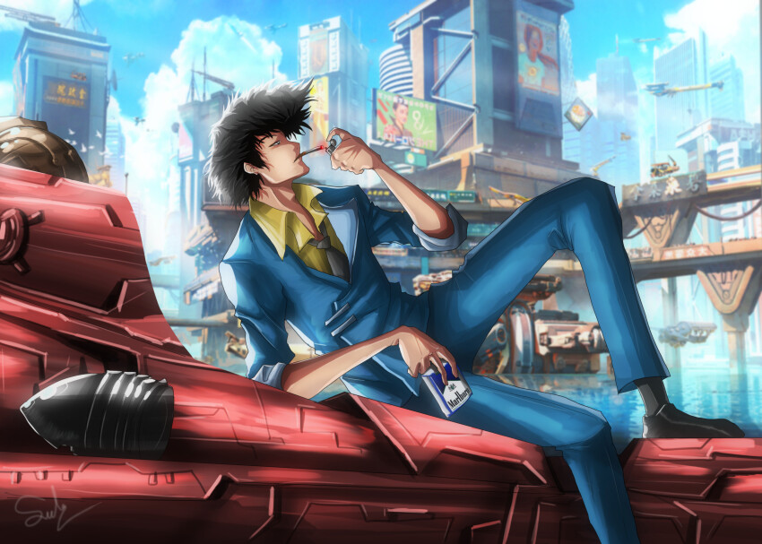 1boy absurdres black_hair black_necktie blue_jacket blue_pants cigarette cigarette_pack cloud cloudy_sky cowboy_bebop formal_clothes highres holding holding_lighter jacket lighter male_focus marlboro necktie outdoors pants sajol_hasan science_fiction shirt short_hair signature sky smoke smoking solo spike_spiegel spiked_hair swordfish_ii yellow_shirt