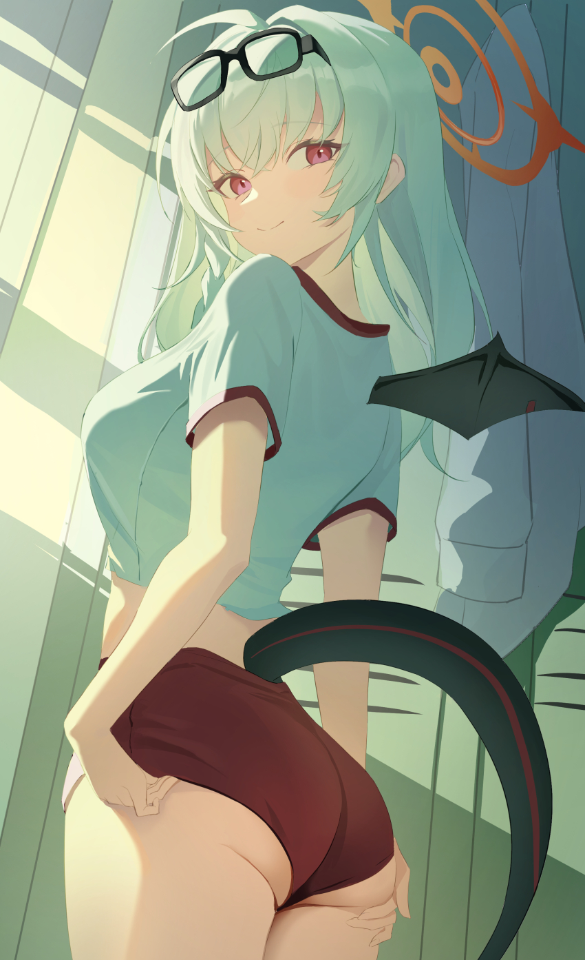 1girl absurdres adjusting_clothes blue_archive buruma closed_eyes demon_tail eyewear_on_head from_behind from_below glasses hair_between_eyes hand_on_own_ass haruna_(blue_archive) haruna_(track)_(blue_archive) highres kimetsu_no_yaiba long_hair looking_at_viewer red_buruma red_eyes shirt sidelocks single_wing smile solo szai tail white_hair white_shirt wings