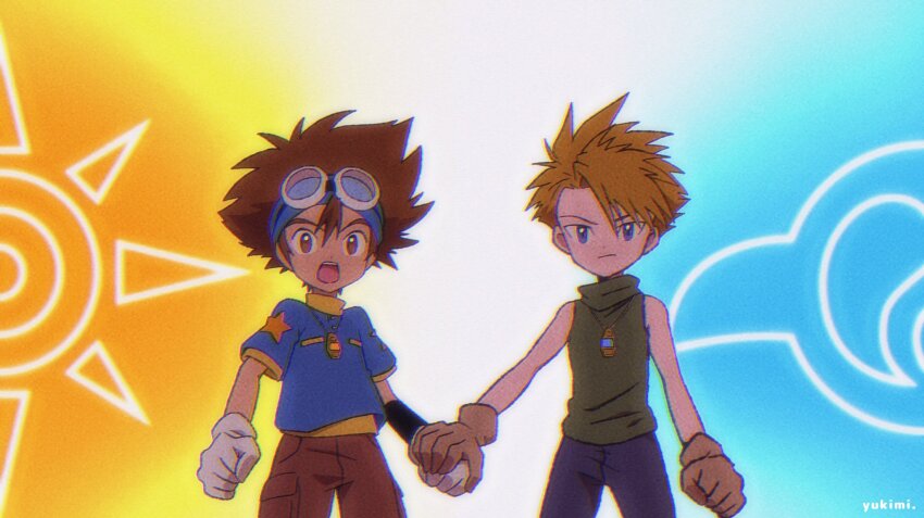 2boys blonde_hair blue_background blue_eyes blue_headband blue_pants blue_shirt brown_eyes brown_gloves brown_hair brown_shorts commentary_request cowboy_shot digimon digimon_adventure gloves goggles goggles_on_head gradient_background green_shirt headband highres ishida_yamato jewelry male_focus medium_hair multiple_boys orange_background pants pendant shirt short_hair shorts simple_background sleeveless sleeveless_shirt spiked_hair white_background white_gloves yagami_taichi yukimi_(kurumi-no-naruki)