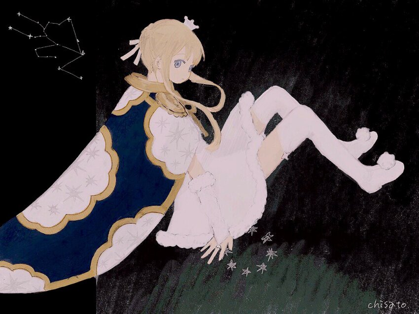 1girl artist_name black_background blonde_hair blue_cape blue_eyes boots bow braid braided_bun bridal_gauntlets cape chisato_charme closed_mouth cloud_print commentary constellation constellation_request crown dress elbow_gloves epaulettes expressionless from_side full_body fur-trimmed_dress fur_trim gloves gold_trim hair_bow hair_bun long_hair looking_at_viewer looking_to_the_side mini_crown original pom_pom_(clothes) print_cape short_dress short_hair_with_long_locks single_hair_bun solo star_(symbol) symbol-only_commentary thigh_boots white_boots white_dress