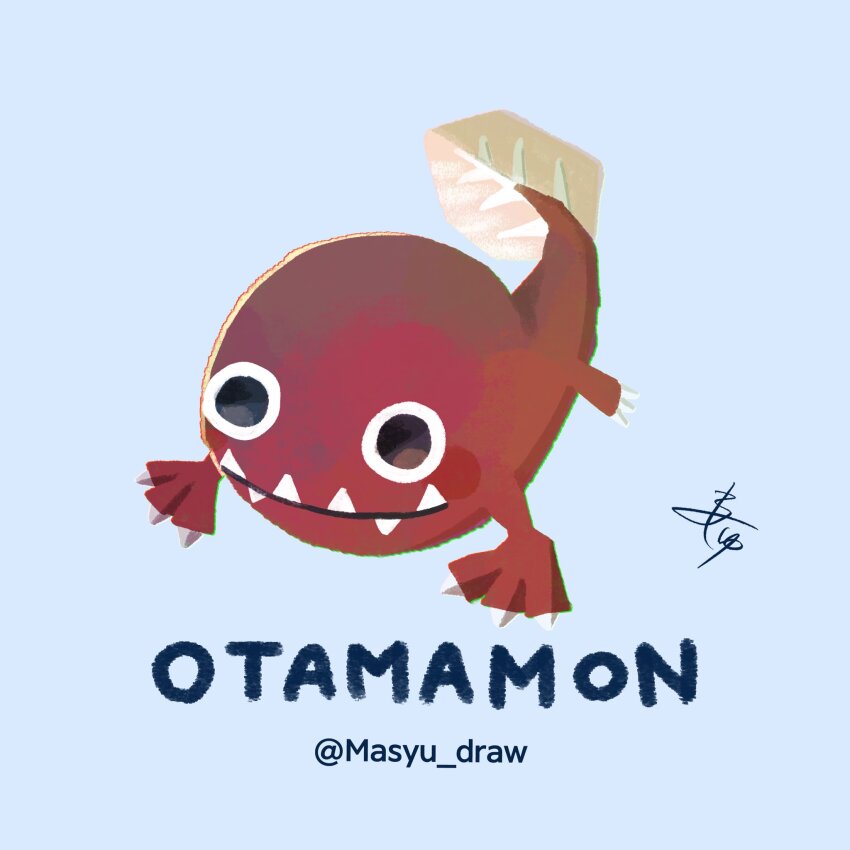 black_eyes digimon digimon_(creature) full_body highres otamamon_(red) sharp_teeth simple_background solo tadpole teeth