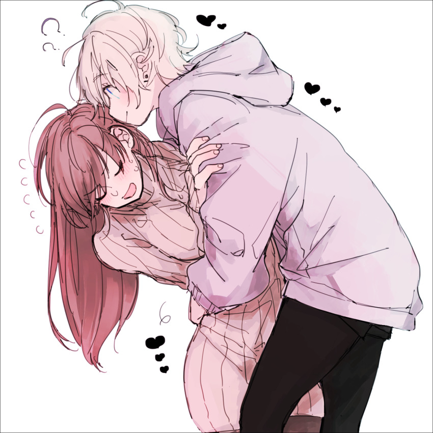 2girls ? ?? amane_(7783) anastasia_(idolmaster) black_pantyhose blush brown_hair closed_eyes commentary_request dress flying_sweatdrops heart highres hood hoodie idolmaster idolmaster_cinderella_girls long_hair long_sleeves multiple_girls nitta_minami open_mouth pantyhose pink_sweater purple_hoodie short_hair smile sweat sweater sweater_dress white_hair yuri