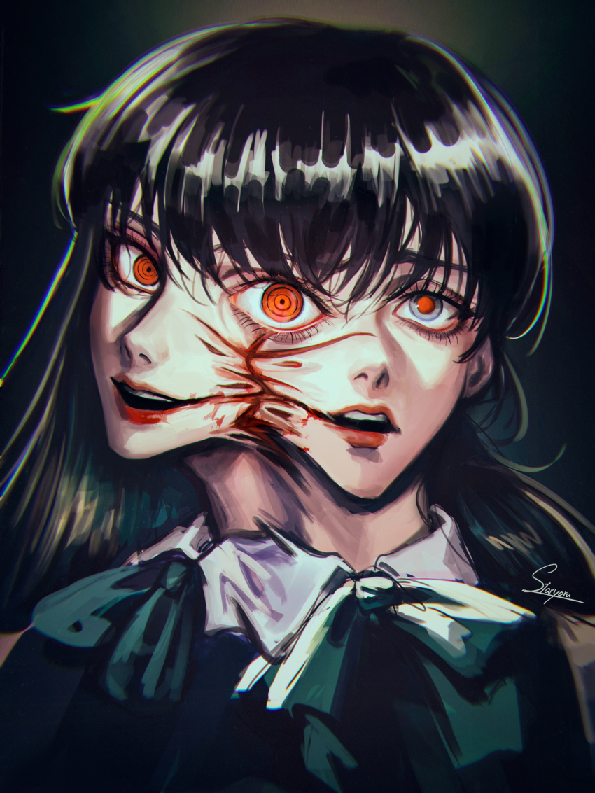 2girls absurdres artist_name black_hair body_horror chainsaw_man cross_scar dress extra_faces facial_scar fourth_east_high_school_uniform highres long_hair looking_at_viewer mitaka_asa multiple_girls multiple_heads open_mouth orange_eyes pinafore_dress ringed_eyes scar scar_on_cheek scar_on_face school_uniform signature sleeveless sleeveless_dress smile staryoruu tomie yoru_(chainsaw_man)