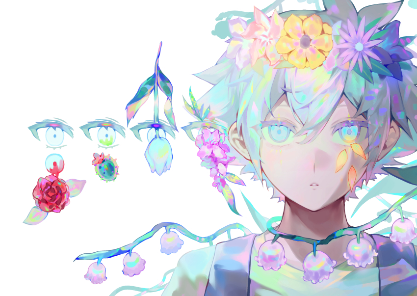 1boy absurdres antenna_hair basil_(headspace)_(omori) basil_(omori) blue_eyes cactus chinese_commentary commentary commentary_request czorimu english_commentary flower flower_wreath gladiolus glowing glowing_petals green_hair green_shirt grey_overalls head_wreath highres leaf lily_of_the_valley looking_at_viewer male_focus mixed-language_commentary omori orange_petals overalls parted_lips petals pink_flower portrait purple_flower red_flower red_rose rose shirt short_hair simple_background solo straight-on tulip white_background white_flower white_tulip yellow_flower
