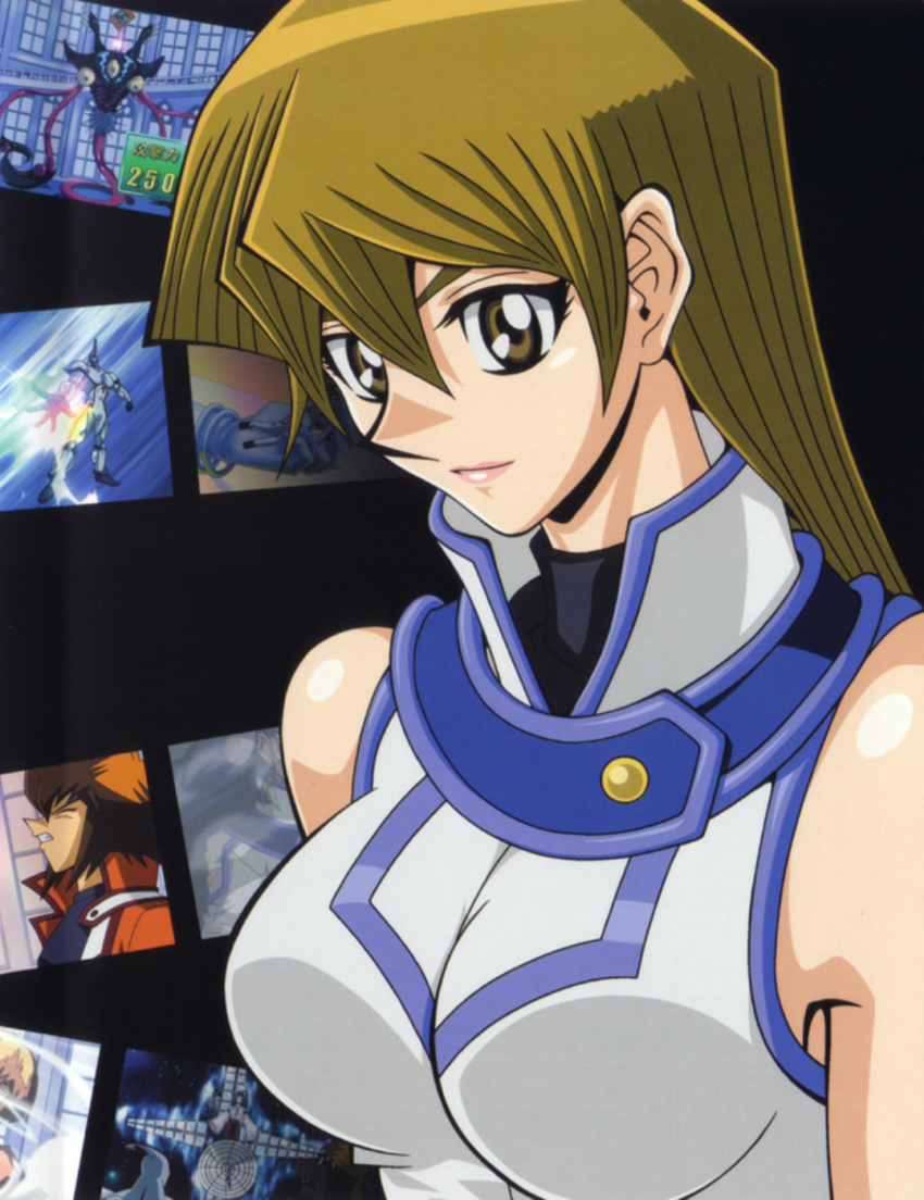 1girl blonde_hair breasts duel_monster elemental_hero_neos female_focus highres lipstick makeup obelisk_blue_uniform official_art orbital_weaponry satellite satellite_cannon solo space_weapon tenjouin_asuka upper_body yellow_eyes yu-gi-oh! yu-gi-oh!_gx