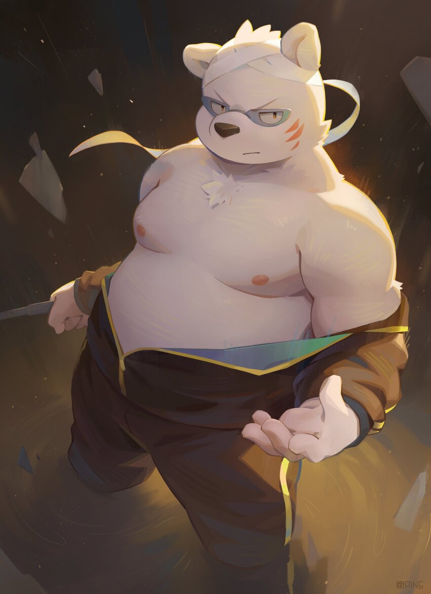 1boy absurdres animal_ears bandaged_head bandages bara bear_boy bear_ears beckoning belly biceps black_bodysuit bodysuit chest_hair closed_mouth debris fat fat_man fighting_stance furry furry_male highres holding holding_weapon looking_to_the_side male_focus mud nipples odd_taxi partially_submerged partially_undressed pectorals seamonsterping sekiguchi_(odd_taxi) short_hair solo stomach sunglasses weapon white_fur