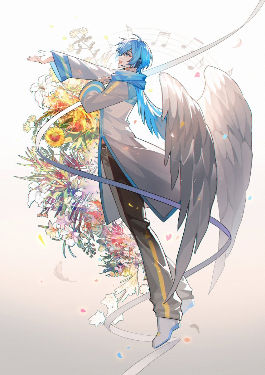 1boy absurdres belt black_belt black_headphones black_pants blue_eyes blue_hair blue_nails blue_scarf bouquet coat commentary english_commentary falling_petals feathered_wings feathers floating flower from_side full_body gradient_background hand_on_own_chest happy headphones highres kaito_(vocaloid) kazenemuri male_focus microphone midriff_peek music musical_note musical_note_background open_mouth outstretched_arm outstretched_hand pants petals ribbon scarf shoes short_hair singing sleeve_cuffs smile solo sunflower teeth upper_teeth_only vocaloid white_background white_coat white_feathers white_flower white_ribbon white_shoes white_wings wings yellow_flower