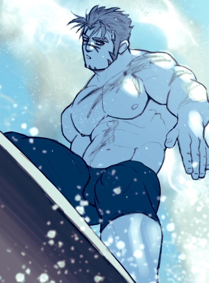 1boy abs akashi_(alter)_(live_a_hero) bara black_jammers black_male_swimwear blue_theme bulge facial_hair feet_out_of_frame goatee highres jammers kansuke_(kansuke_717) large_pectorals live_a_hero long_sideburns looking_to_the_side male_focus male_swimwear muscular muscular_male mutton_chops navel nipples pectorals scar scar_on_chest scar_on_face scar_on_nose short_hair sideburns sideways_glance solo surfing swimsuit thick_eyebrows thick_thighs thighs topless_male water_drop