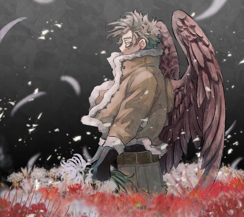 1boy barururunru belt black_background black_gloves blonde_hair blurry blurry_background blurry_foreground boku_no_hero_academia brown_belt buttons closed_mouth commentary_request facial_mark falling_petals field floating_clothes floating_hair flower flower_field forked_eyebrows from_side frown fur-trimmed_jacket fur-trimmed_sleeves fur_trim gloves gradient_background grey_background hawks_(boku_no_hero_academia) high_collar highres holding holding_flower jacket jitome long_sleeves looking_ahead looking_to_the_side male_focus messy_hair petals profile red_flower red_wings short_hair solo spider_lily triangle upper_body white_flower white_spider_lily wings yellow_eyes yellow_jacket