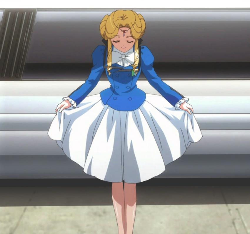 anime_screenshot banpresto blonde_hair car curtsey highres limousine shine_hausen skirt solo stitched super_robot_wars super_robot_wars_original_generation third-party_edit
