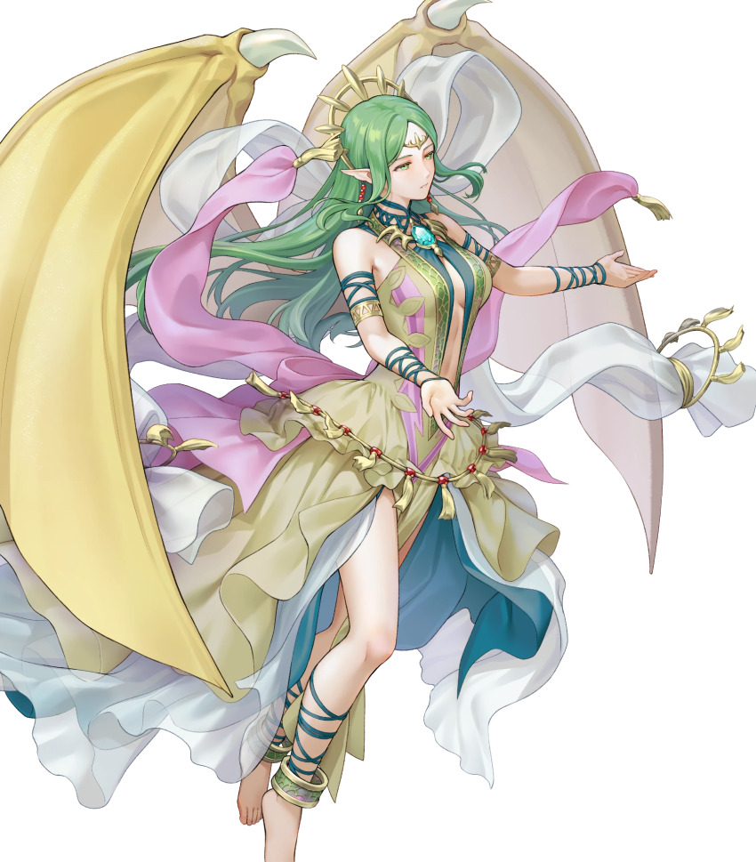 1girl anklet armlet attack barefoot breasts cleavage clothing_cutout dragon_girl dragon_wings dragonstone dress earrings expressionless female_focus fire_emblem fire_emblem:_mystery_of_the_emblem fire_emblem:_shadow_dragon_and_the_blade_of_light fire_emblem_heroes green_dress green_eyes green_hair highres jewelry long_hair matching_hair/eyes medium_breasts naga_(fire_emblem) naga_(ruler_of_dragons)_(fire_emblem) navel navel_cutout nintendo non-web_source official_alternate_costume official_art pendant plunging_neckline pointy_ears shawl small_breasts solo tiara wings