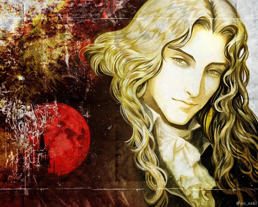 1boy alucard_(castlevania) castlevania_(series) closed_mouth collared_shirt curtained_hair film_grain full_moon highres long_hair lower_eyelashes_only male_focus moon n0_saki red_moon shirt smile solo twitter_username upper_body wavy_hair white_shirt