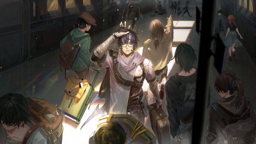 1boy arm_up backpack bag bandaged_arm bandages black_cape black_hair brown_headwear cape cloak fingerless_gloves from_above gloves highres holding holding_luggage holding_suitcase hood looking_at_viewer male_focus mechanical_arms mechanical_hands multicolored_hair noan:_arca_(pgr) noan_(pgr) noan_(punishing:_gray_raven) pants punishing:_gray_raven rolling_suitcase semi-rimless_eyewear short_hair skirt standing streaked_hair suitcase train_station yellow_eyes yingzi