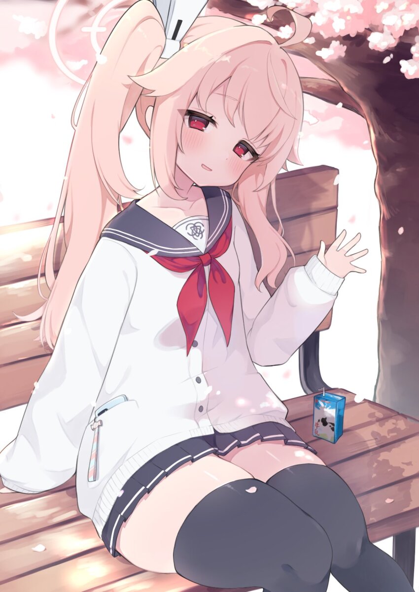 1girl ahoge ascot bench black_thighhighs blue_archive blush cellphone cherry_blossoms cherry_tree hair_ornament hairclip halo highres juice_box long_hair milk_carton natsu_(blue_archive) on_bench outdoors phone phone_in_pocket pink_hair red_eyes sailor_collar school_uniform side_ponytail sidelocks sitting skirt smartphone smile solo thick_thighs thighhighs thighs tonikaku_kaku waving zettai_ryouiki