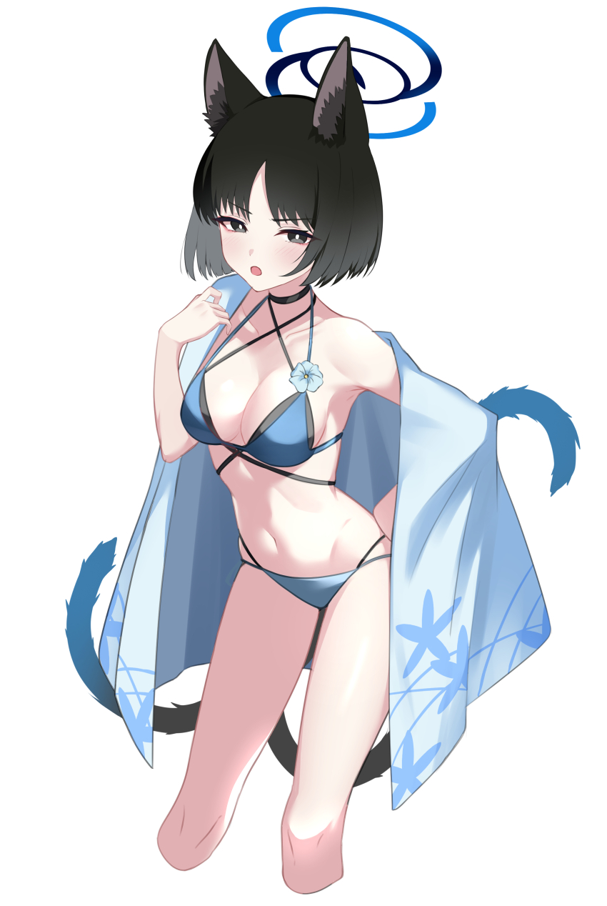 1girl absurdres animal_ears bikini black_hair blue_archive blue_bikini blue_haori blush breasts cat_ears cat_girl cat_tail cleavage fake_animal_ears grey_eyes haori highres japanese_clothes kikyou_(blue_archive) kikyou_(swimsuit)_(blue_archive) kurosaki_saya large_breasts looking_at_viewer multiple_tails navel official_alternate_costume open_mouth single_bare_shoulder solo swimsuit tail two_tails