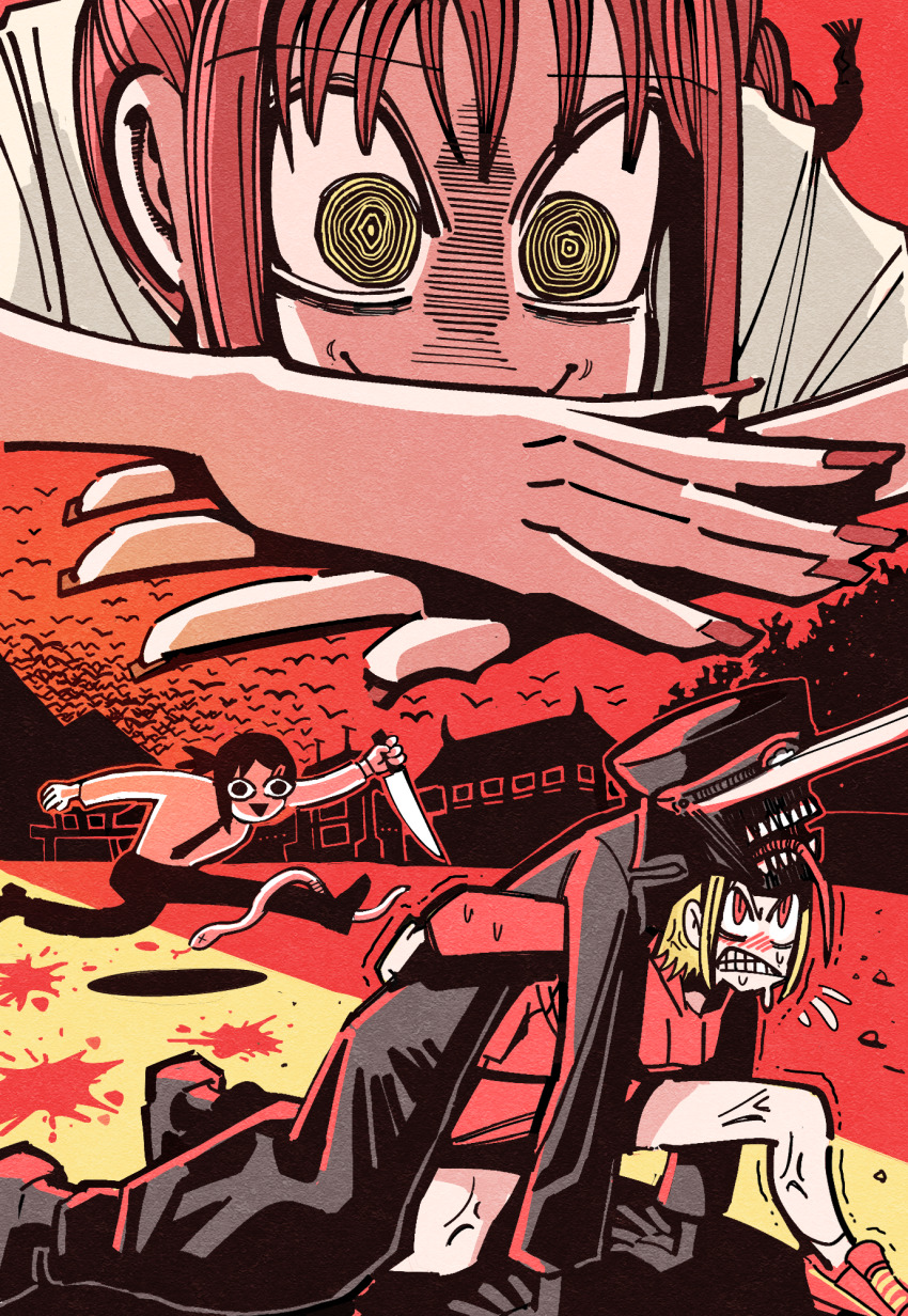 1boy 3girls bird black_coat black_hair black_necktie carrying chainsaw_man clenched_teeth coat collared_shirt hair_ornament hairclip hansoom_(latebirdwakeup) hat heavy higashiyama_kobeni highres holding holding_knife hood hoodie jumping katana_man_(chainsaw_man) knife looking_at_another looking_up makima_(chainsaw_man) medium_hair military_hat multiple_girls necktie open_mouth own_hands_together piggyback red_eyes red_hoodie red_nails red_theme ringed_eyes sawatari_akane_(chainsaw_man) shirt short_hair shorts single_sidelock smile snake sweat teeth tongue tongue_out veins veiny_thighs white_shirt yellow_eyes