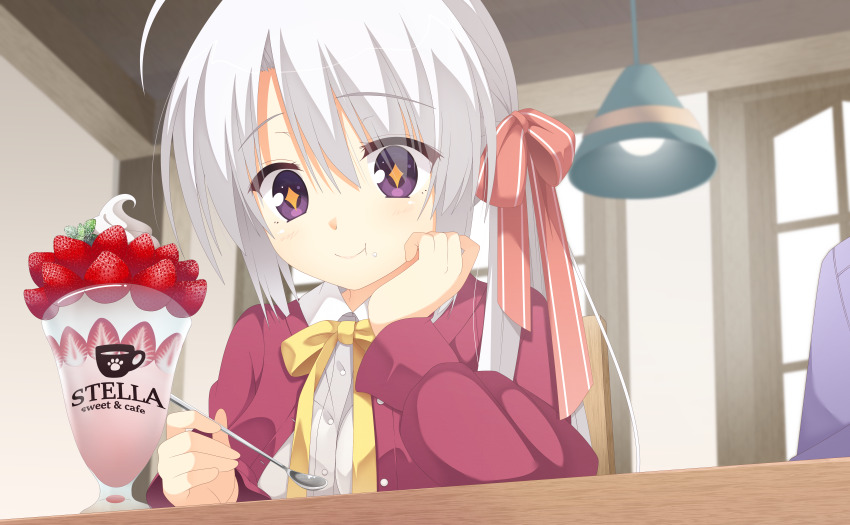 +_+ 1girl :t absurdres ahoge ayachi_nene blush bow cafe cafe_stella_to_shinigami_no_chou closed_mouth collared_shirt commentary_request company_connection cream eating eyes_visible_through_hair food food_on_face fruit grey_hair hair_between_eyes hair_bow hair_ribbon hand_up happy highres holding holding_spoon incredibly_absurdres indoors jacket kaon_zz long_hair long_sleeves looking_at_food official_alternate_costume official_alternate_hairstyle open_clothes open_jacket paid_reward_available parfait purple_eyes red_jacket red_ribbon ribbon sanoba_witch shirt side_ponytail smile solo_focus spoon strawberry upper_body white_shirt yuzu-soft