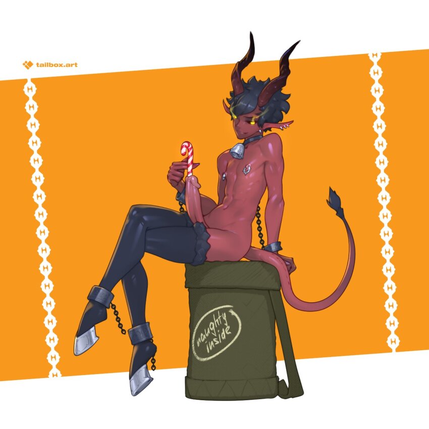 1boy artist_name black_hair black_thighhighs candy candy_cane chain demon_boy demon_horns demon_tail erection food full_body fur-trimmed_thighhighs fur_trim glowing glowing_eyes highres holding holding_candy holding_candy_cane holding_food horns krampus male_focus nipple_piercing orange_background original penis piercing short_hair solo sounding tail tailbox thighhighs urethral_insertion yellow_eyes