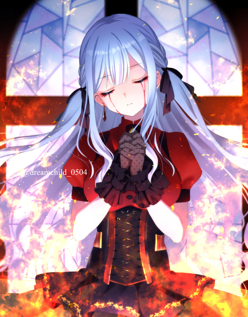 1girl absurdres bang_dream! bang_dream!_it&#039;s_mygo!!!!! black_gloves black_ribbon black_skirt blood blood_on_face bloody_tears blunt_bangs blurry blurry_background breasts closed_mouth commentary corset earrings embers fire frilled_gloves frills gloves grey_hair hair_ribbon hands_up head_tilt highres indoors interlocked_fingers jewelry large_breasts long_hair mizuha_(dreamchild_0504) oblivionis_(bang_dream!) own_hands_clasped own_hands_together puffy_short_sleeves puffy_sleeves red_shirt ribbon shirt short_sleeves sidelocks skirt solo stained_glass togawa_sakiko twitter_username two_side_up underbust upper_body window