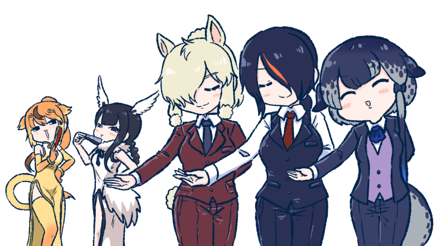 5girls ^_^ alpaca_ears alpaca_girl alpaca_suri_(kemono_friends) alpaca_tail alternate_costume animal_ears bare_shoulders bird_girl bird_tail bird_wings black-headed_ibis_(kemono_friends) black_bow black_hair black_neckwear blonde_hair blue_neckwear blush bow bracelet braid brown_jacket brown_pants butler cetacean_tail china_dress chinese_clothes circlet closed_eyes collared_shirt commentary_request dress elbow_gloves emperor_penguin_(kemono_friends) female_butler fins fish_tail folding_fan formal_clothes fur_collar gloves golden_snub-nosed_monkey_(kemono_friends) hair_bow hair_bun hair_over_one_eye hair_tubes hand_fan head_wings jacket jewelry kemono_friends kotobuki_(tiny_life) long_hair long_sleeves monkey_ears monkey_girl monkey_tail multicolored_hair multiple_girls narwhal_(kemono_friends) neck_ribbon neck_ruff necktie orange_hair pants ponytail red_neckwear ribbon shirt short_hair short_ponytail single_hair_bun sleeveless suit tail thighhighs twin_braids vest white_dress white_fur white_hair white_shirt wings yellow_dress yellow_gloves yellow_legwear zettai_ryouiki