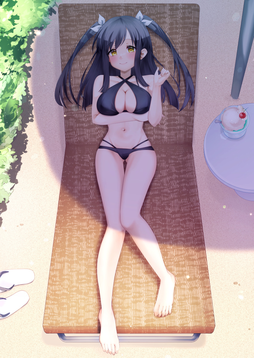 1girl absurdres alternate_costume arm_under_breasts bare_legs bare_shoulders barefoot beach bikini black_bikini black_hair blunt_ends blush bow breasts cleavage clenched_hand closed_mouth collarbone criss-cross_halter day feet flip-flops food full_body gluteal_fold hair_bow halterneck hand_up highres ice_cream knees_together_feet_apart large_breasts long_hair looking_at_viewer lying multi-strapped_bikini_bottom navel on_back outdoors relaxing sandals sanoba_witch shadow skindentation smile solo stomach straight_hair swimsuit tareme thigh_gap thighs toenails toes togakushi_touko two_side_up tyama_taka unworn_sandals white_bow yellow_eyes