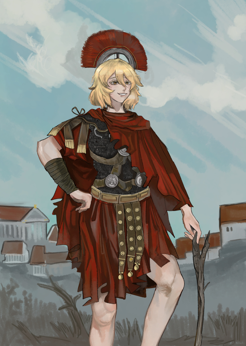 1girl arm_wrap armor belt blonde_hair blue_sky centurii-chan_(character) chainmail cityscape cloak day hair_between_eyes hand_on_own_hip highres holding holding_stick kkghost_tv medal orange_eyes original outdoors plume pteruges red_cloak roman_armor roman_empire short_hair shoulder_armor skirt sky smile solo stick