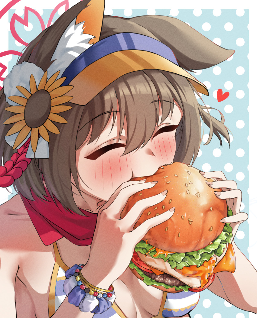 +_+ 1girl absurdres animal_ear_fluff animal_ears bare_shoulders bead_bracelet beads bikini biting blue_archive blue_scrunchie blush bracelet breasts brown_hair burger cheese closed_eyes collarbone eating fangs flower food fox_ears fox_girl fox_tail gyu_chul hair_between_eyes hair_flower hair_ornament halo hands_up heart highres holding holding_burger holding_food izuna_(blue_archive) izuna_(swimsuit)_(blue_archive) jewelry lettuce medium_breasts official_alternate_costume open_mouth pink_halo pom_pom_(clothes) pom_pom_hair_ornament puffy_cheeks red_scarf scarf scrunchie sesame_seeds short_hair single_ear_down solo striped_bikini striped_clothes sunflower sunflower_hair_ornament swimsuit tail tomato tomato_slice tongue uvula visor_cap wrist_scrunchie