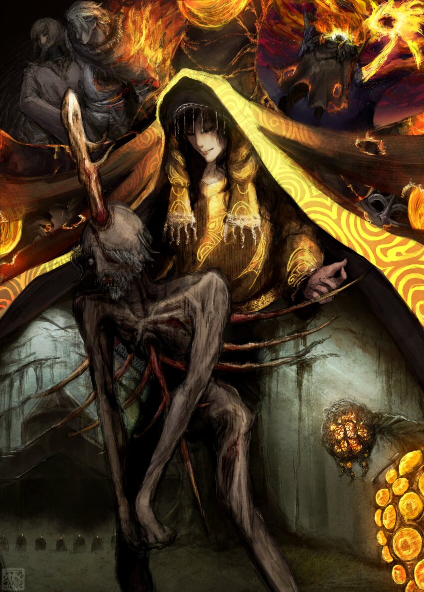 3girls 6+boys absurdres aging_untouchable apocalypse armet armor artist_logo artist_name bare_tree black_hair black_robe blindfold blonde_hair blood branch brown_cape brown_hood burning cape chainmail cloak closed_eyes closed_mouth coiled_sword commentary corpse crying death dress eating elden_ring elden_ring:_shadow_of_the_erdtree eldritch_abomination emaciated embers english_commentary extra_eyes eyeball finger_maiden_hyetta fingerprint fire flaming_eye flaming_head forest full_armor fur_trim giant_hand glowing grey_hair hat headdress headless highres holding holding_branch hood hooded_cape impaled knight logo long_hair long_sleeves lord_of_the_frenzied_flame_(elden_ring) mansion midra_lord_of_frenzied_flame multiple_boys multiple_girls multiple_others nanaya_(elden_ring) nature no_headwear open_mouth orange_robe ornate_weapon overgrown pauldrons plate_armor rags rerebrace robe roningasa roundtable_knight_vyke satsu-strive shabriri_(elden_ring) shabriri_grape shawl shoulder_armor shoulder_plates signature skinny smile standing sword tarnished_(elden_ring) tears three_fingers_(elden_ring) too_many_eyes torn_cape torn_clothes torn_robe tree veil vyke&#039;s_finger_maiden weapon white_hair withered yellow_blood yellow_eyes yellow_robe yellow_shawl