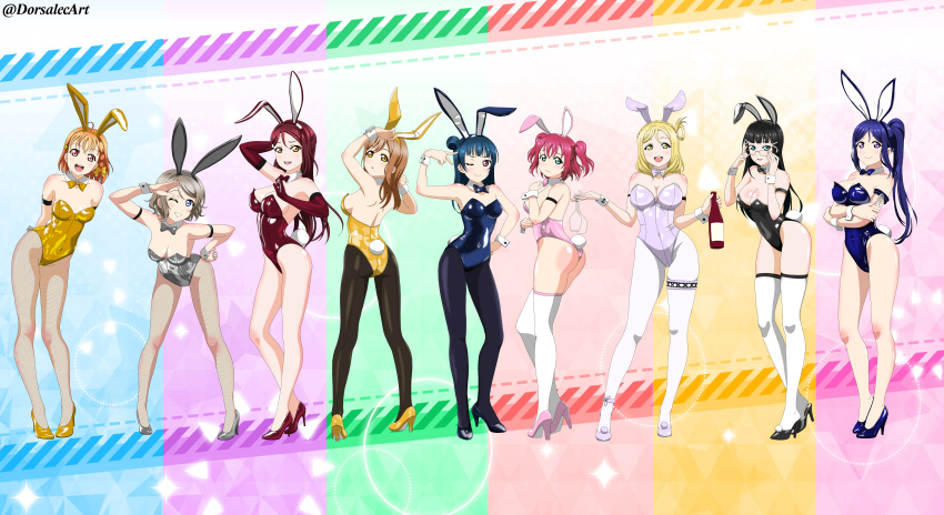 6+girls absurdres ahoge arms_behind_back artist_name ass back bare_shoulders bespectacled black_bow black_hair blonde_hair blue_bow blue_eyes blue_hair blush bottle bow braid breasts brown_eyes brown_hair cleavage closed_mouth clover_hair_ornament covered_navel crossed_arms cup detached_collar dorsalec drinking_glass elbow_gloves glass glasses gloves green_eyes grey_bow grey_hair grin hair_bow hair_bun hair_ornament hair_rings hand_on_own_hip high_heels highres holding holding_glass holding_wine_glass kunikida_hanamaru kurosawa_dia kurosawa_ruby large_breasts leaning_forward leotard long_hair looking_at_viewer looking_over_eyewear love_live! love_live!_sunshine!! matsuura_kanan medium_breasts medium_hair mole mole_under_mouth multicolored_background multiple_girls ohara_mari one_eye_closed open_mouth orange_hair parted_lips pink_bow playboy_bunny ponytail purple_eyes rabbit_ears rabbit_tail red_bow red_eyes red_hair sakurauchi_riko salute short_hair sideboob small_breasts smile standing takami_chika teeth thighhighs tsushima_yoshiko twintails watanabe_you wine_bottle wine_glass wink yellow_bow yellow_eyes