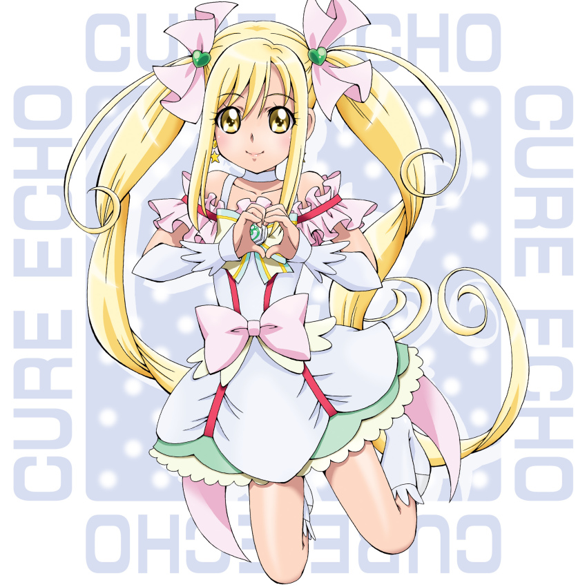 1girl blonde_hair boo_(takagi) boots bow character_name choker cure_echo earrings female_focus frills full_body hair_ornament hair_ribbon heart heart_hair_ornament heart_hands highres jewelry knee_boots long_hair looking_at_viewer magical_girl pink_bow precure precure_all_stars precure_all_stars_new_stage:_mirai_no_tomodachi ribbon sakagami_ayumi skirt smile solo twintails waist_bow white_boots white_choker white_skirt wrist_cuffs yellow_eyes