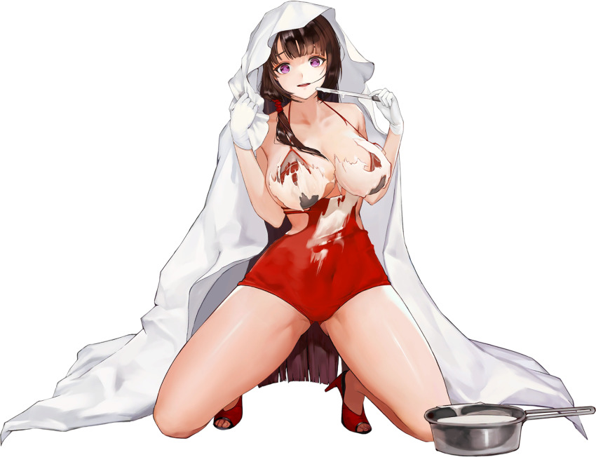 1girl :p bed_sheet breasts cleavage clothing_cutout collarbone cooking_pot covered_navel crazy_eyes empty_eyes full_body game_cg gloves gluteal_fold groin_tendon hair_in_own_mouth high_heels highres holding holding_knife icing kneeling knife large_breasts last_origin long_hair looking_at_viewer official_alternate_costume official_art one-piece_swimsuit purple_eyes red_footwear red_one-piece_swimsuit rorobomb sanpaku scissors_lise see-through_clothes see-through_one-piece_swimsuit shiny_skin side_cutout side_ponytail simple_background swimsuit tachi-e toeless_footwear tongue tongue_out torn_clothes torn_swimsuit transparent_background very_long_hair wardrobe_malfunction white_gloves yandere